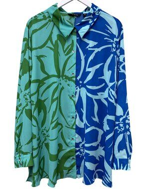 IMAN Tropical Blouse Plus Size 3X Blue Colorblock Long Sleeve Button-Up Top